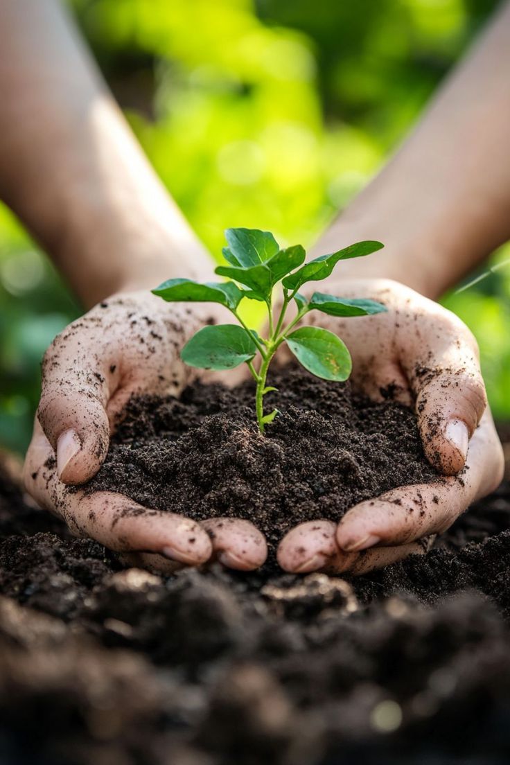 Hands holding soil and a small green plant
